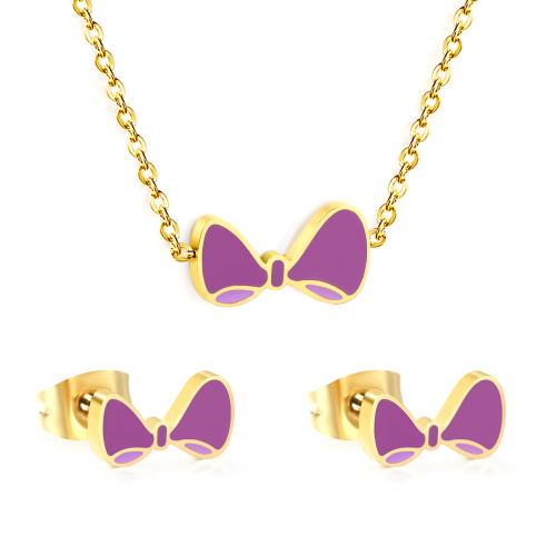 Ensembles de bijoux en acier inoxydable émaillé, Acier inoxydable 304, Boucle d’oreille stud & collier, Noeud papillon, Placage de couleur d'or, 2 pièces & pour femme, Vendu par fixé