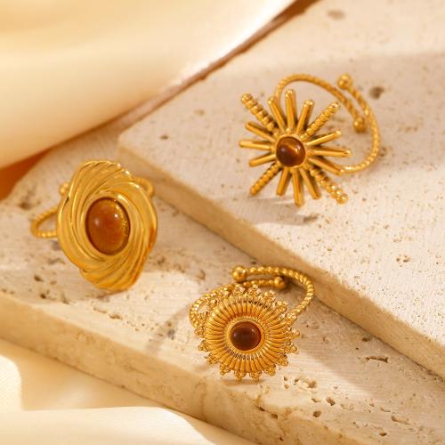 304 Stainless Steel Open Finger Ring, with Tiger Eye, plated, fashion jewelry 