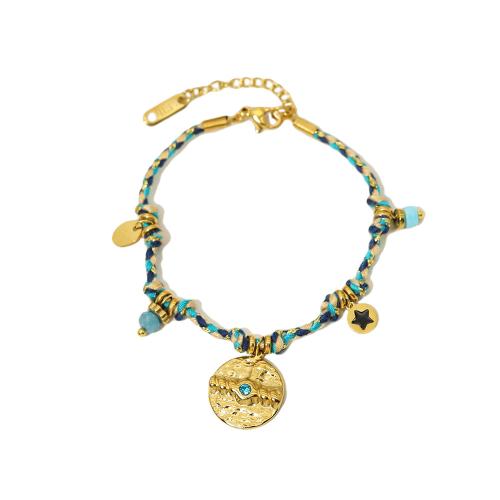 Mixed Material Bracelets, 304 Stainless Steel, with Cotton Thread & Natural Stone & Crystal, 18K gold plated & for woman & enamel 