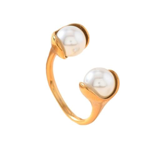 Bague en acier inoxydable, Acier inoxydable 304, avec perle de plastique, Placage, bijoux de mode & pour femme, doré, Vendu par PC