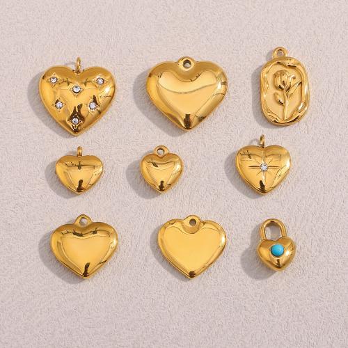 Stainless Steel Heart Pendants, 304 Stainless Steel, 18K gold plated, DIY & with rhinestone 