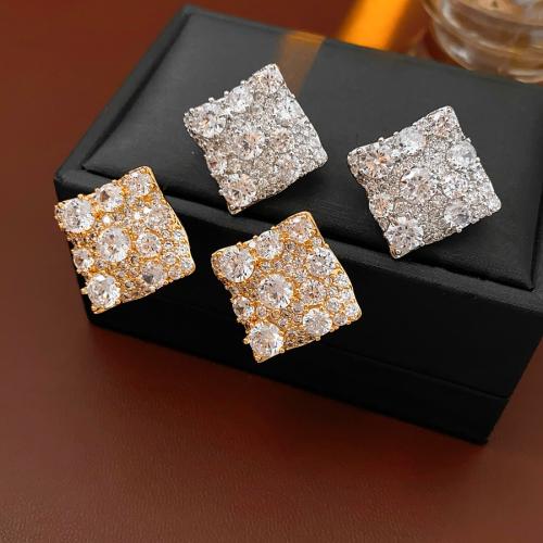 Brass Stud Earring, Square, plated, micro pave cubic zirconia & for woman 
