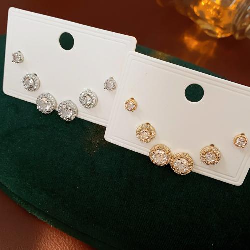 Brass Stud Earring Set, Round, plated, 6 pieces & micro pave cubic zirconia & for woman 