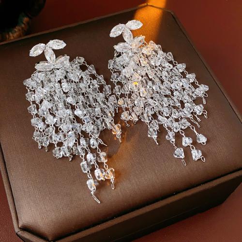 Messing Troddel Ohrring, mit Kristall, silberfarben plattiert, Micro pave Zirkonia & für Frau, 25x75mm, verkauft von Paar