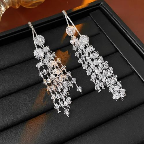 Messing Troddel Ohrring, mit Kristall, silberfarben plattiert, Micro pave Zirkonia & für Frau, 15x100mm, verkauft von Paar