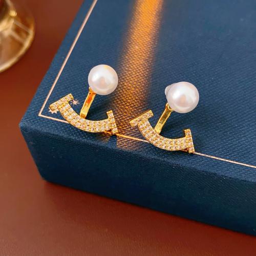 Messing Ohrstecker, mit Kunststoff Perlen, goldfarben plattiert, Micro pave Zirkonia & für Frau, 20x20mm, verkauft von Paar