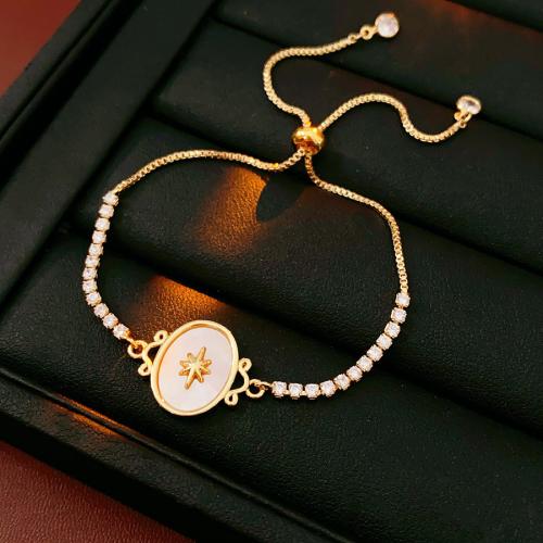 Brass Bracelet, with White Shell, gold color plated, micro pave cubic zirconia & for woman Approx 9.8 Inch 