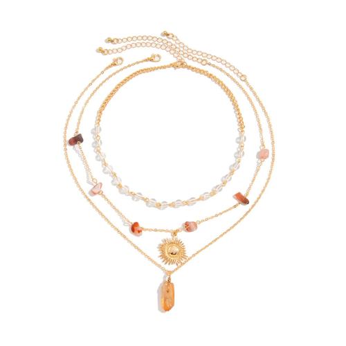 Collier de mode Multi couche, alliage de zinc, avec Cuivre-Coated-Fer & Gravier naturel & cristal, Placage, trois pièces & bijoux de mode & pour femme, doré, Vendu par PC