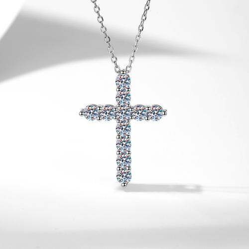925 Sterling Silver Necklace, with Moissanite, with 2inch extender chain, Cross, platinum plated, fashion jewelry & for woman Approx 15.7 Inch 