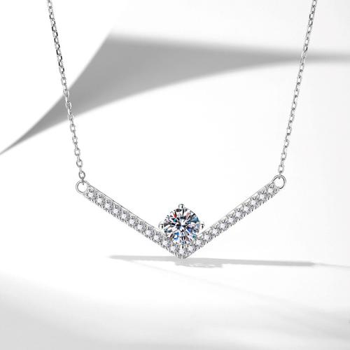 925 пробы Ожерелье, с 2inch наполнитель цепи, Буква V, покрытый платиной, различные материалы для выбора & инкрустированное микро кубического циркония & Женский, длина:Приблизительно 15.7 дюймовый, продается PC