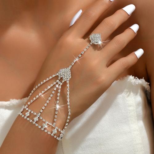 Brass Bracelet Ring, Heart, silver color plated, for woman & with rhinestone 