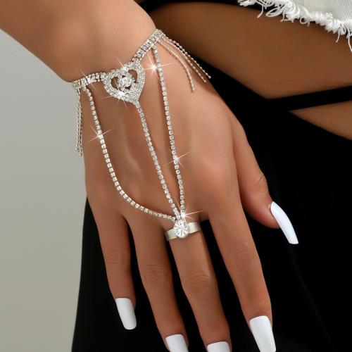 Brass Bracelet Ring, Heart, silver color plated, for woman & with rhinestone 