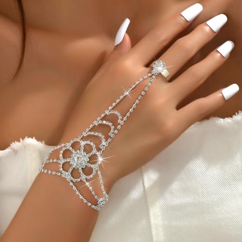 Brass Bracelet Ring, Flower, silver color plated, for woman & with rhinestone 