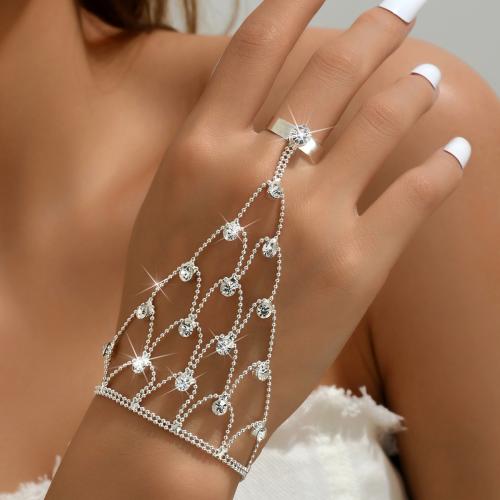 Brass Bracelet Ring, silver color plated, for woman & with rhinestone 