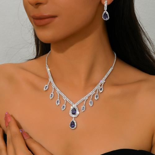 Messing Mode Schmuckset, Ohrring & Halskette, Tropfen, silberfarben plattiert, 2 Stück & für Frau & mit Strass, keine, verkauft von setzen