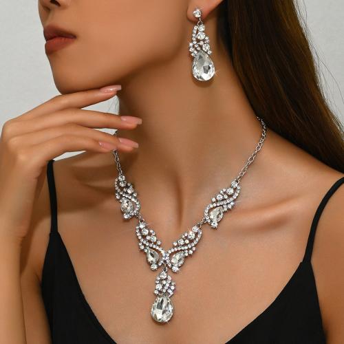 Zinklegierung Mode Schmuckset, Ohrring & Halskette, Tropfen, silberfarben plattiert, 2 Stück & für Frau & mit Strass, verkauft von setzen