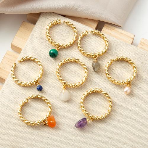 Gemstone Brass Finger Ring, with Gemstone & Freshwater Pearl, plated, fashion jewelry nickel, lead & cadmium free 