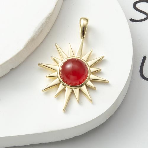 Pendentif bijoux de pierre gemme, laiton, avec pierre gemme, soleil, Placage, bijoux de mode, rouge, protéger l'environnement, sans nickel, plomb et cadmium Vendu par PC