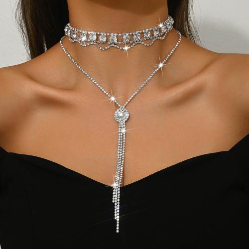 Messing Halskette, silberfarben plattiert, Doppelschicht & für Frau & mit Strass, keine, verkauft von PC