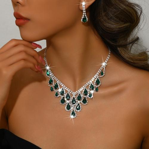 Messing Mode Schmuckset, Ohrring & Halskette, Tropfen, silberfarben plattiert, 2 Stück & für Frau & mit Strass, keine, verkauft von setzen