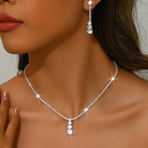 Zinklegierung Mode Schmuckset, Ohrring & Halskette, silberfarben plattiert, 2 Stück & für Frau & mit Strass, verkauft von setzen