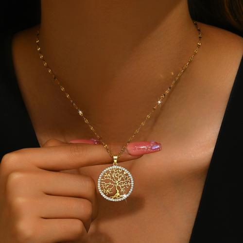 Acier titane collier, avec 2.4inch chaînes de rallonge, Arbre de vie, Placage de couleur d'or, styles différents pour le choix & pour femme & avec strass Environ 15.4 pouce, Vendu par PC
