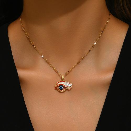 Acier titane collier, avec 2.4inch chaînes de rallonge, Mauvais œil, Placage de couleur d'or, styles différents pour le choix & pour femme & émail & avec strass Environ 15.4 pouce, Vendu par PC