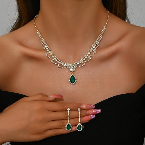 Messing Mode Schmuckset, Ohrring & Halskette, plattiert, 2 Stück & für Frau & mit Strass, keine, verkauft von setzen