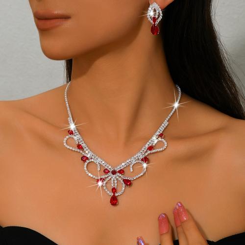 Messing Mode Schmuckset, Ohrring & Halskette, silberfarben plattiert, 2 Stück & für Frau & mit Strass, keine, verkauft von setzen