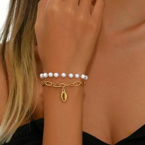 Zinklegierung Armband, mit Kunststoff Perlen, mit Verlängerungskettchen von 2.4inch, Schale, goldfarben plattiert, Doppelschicht & für Frau, Länge:ca. 7 ZollInch, verkauft von PC