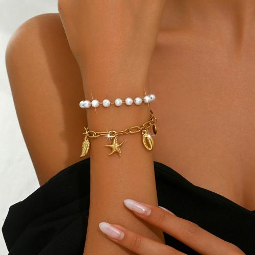 Zinklegierung Armband, mit Kunststoff Perlen, mit Verlängerungskettchen von 2.4inch, goldfarben plattiert, Doppelschicht & für Frau, Länge:ca. 7 ZollInch, verkauft von PC