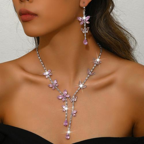 laiton parure de bijoux, boucle d'oreille & collier, papillon, Placage, pavé de micro zircon & pour femme, plus de couleurs à choisir, Vendu par fixé