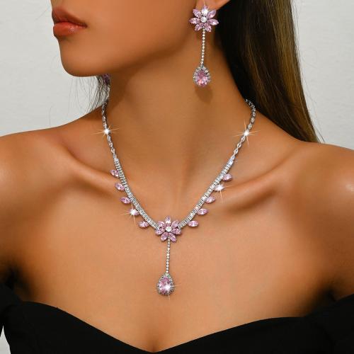laiton parure de bijoux, boucle d'oreille & collier, fleur, Placage, pavé de micro zircon & pour femme, plus de couleurs à choisir, Vendu par fixé