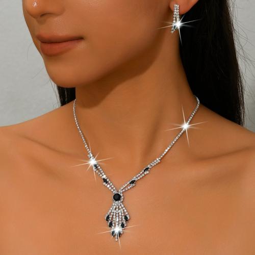 Messing Mode Schmuckset, Ohrring & Halskette, silberfarben plattiert, 2 Stück & für Frau & mit Strass, keine, verkauft von setzen