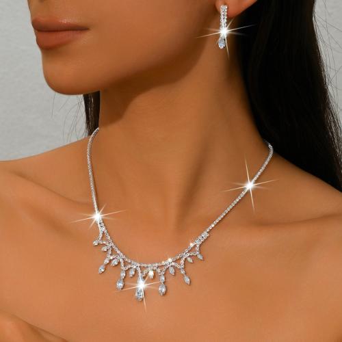 Messing Mode Schmuckset, Ohrring & Halskette, silberfarben plattiert, 2 Stück & für Frau & mit Strass, keine, verkauft von setzen