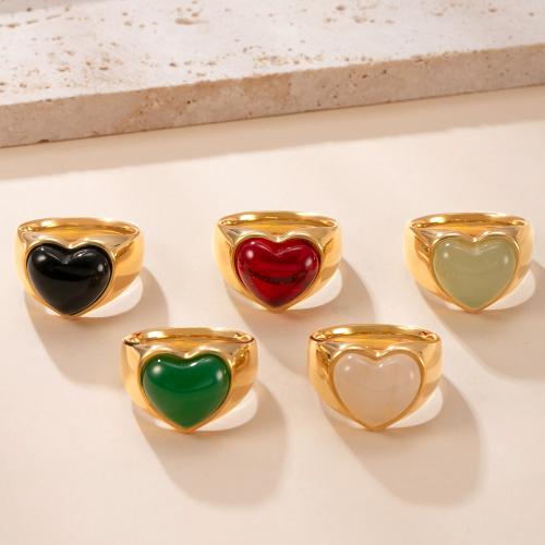 Gemstone Stainless Steel Finger Ring, 304 Stainless Steel, with Natural Stone, gold color plated  & for woman 