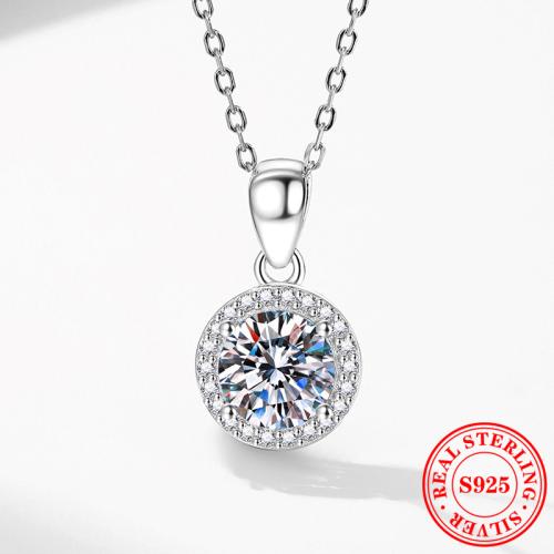 925 Sterling Silver Necklace, with 2inch extender chain, Round, platinum plated & micro pave cubic zirconia & for woman Approx 15.7 Inch 