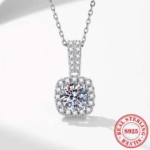 925 Sterling Silver Necklace, with 2inch extender chain, Square, platinum plated & micro pave cubic zirconia & for woman Approx 15.7 Inch 