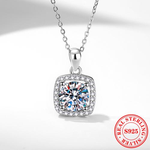 925 Sterling Silver Necklace, with 2inch extender chain, Square, platinum plated & micro pave cubic zirconia & for woman Approx 15.7 Inch 
