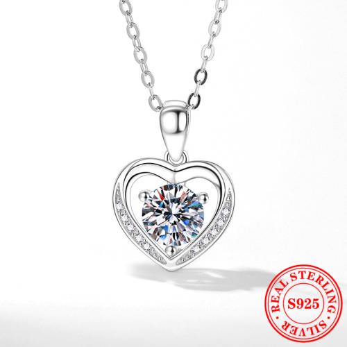 925 Sterling Silver Necklace, with 2inch extender chain, Heart, platinum plated & micro pave cubic zirconia & for woman Approx 15.7 Inch 