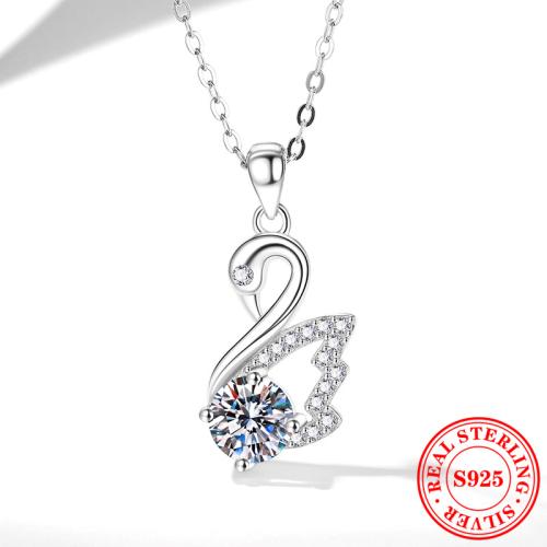 925 Sterling Silver Necklace, with 2inch extender chain, Swan, platinum plated & micro pave cubic zirconia & for woman Approx 15.7 Inch 