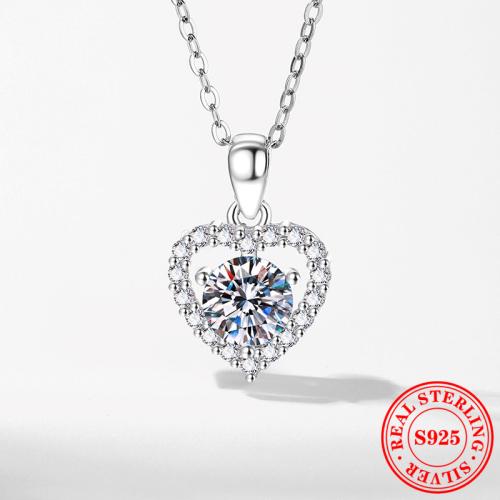 925 Sterling Silver Necklace, with 2inch extender chain, Heart, platinum plated & micro pave cubic zirconia & for woman Approx 15.7 Inch 