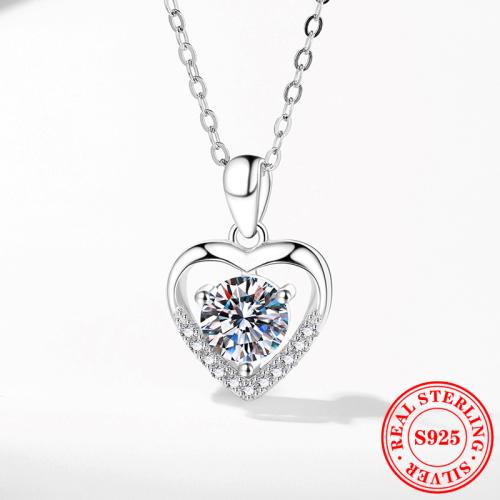925 Sterling Silver Necklace, with 2inch extender chain, Heart, platinum plated & micro pave cubic zirconia & for woman Approx 15.7 Inch 