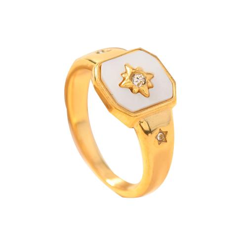 Bague en acier inoxydable , Acier inoxydable 304, avec coquille blanche, Placage de couleur d'or, bijoux de mode & pour femme & avec strass Vendu par PC