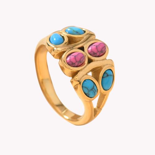 Gemstone Stainless Steel Finger Ring, 304 Stainless Steel, with turquoise, 18K gold plated, fashion jewelry & for woman & hollow 