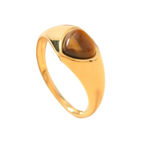 Gemstone Stainless Steel Finger Ring, 304 Stainless Steel, with Natural Stone, gold color plated  & for woman 