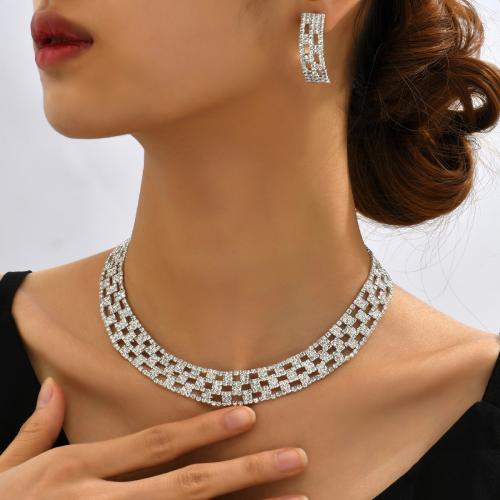 Messing Mode Schmuckset, Ohrring & Halskette, silberfarben plattiert, 2 Stück & für Frau & mit Strass, verkauft von setzen