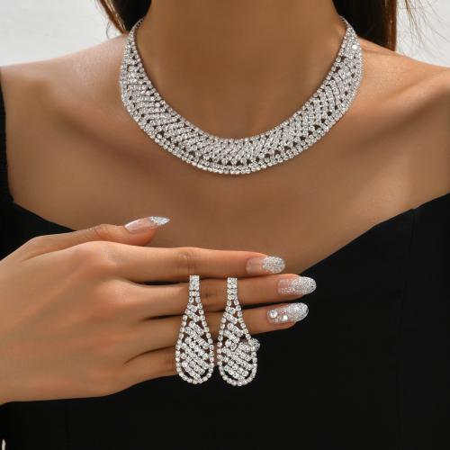 Messing Mode Schmuckset, Ohrring & Halskette, silberfarben plattiert, 2 Stück & für Frau & mit Strass, verkauft von setzen