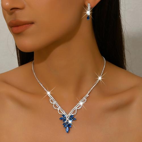 Messing Mode Schmuckset, Ohrring & Halskette, Blume, silberfarben plattiert, 2 Stück & Micro pave Zirkonia & für Frau, keine, verkauft von setzen[