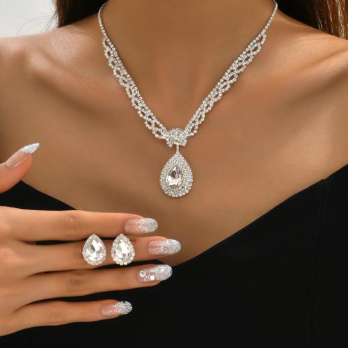 Zinklegierung Mode Schmuckset, Stud Ohrring & Halskette, Tropfen, silberfarben plattiert, 2 Stück & für Frau & mit Strass, verkauft von setzen